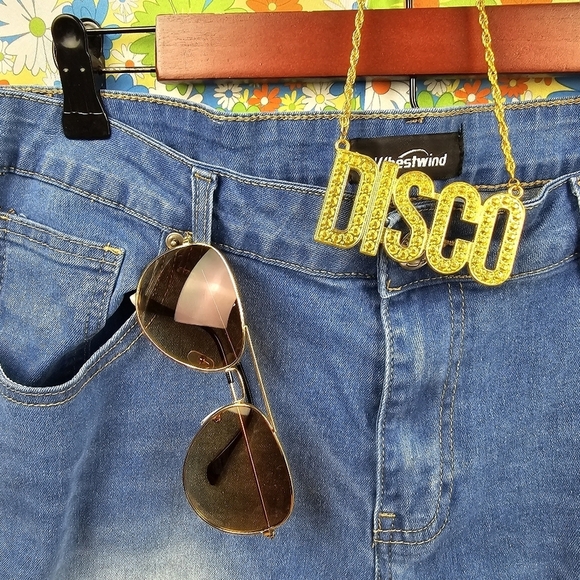 70s Costume Flare Jeans & Disco Outfit Floral Button-up Shirt Multi-color Men XL - Picture 12 of 16